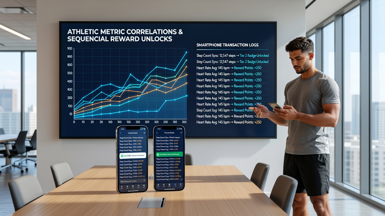Dashboard view of correlated athletic metrics and unlocked rewards displayed on a mobile device