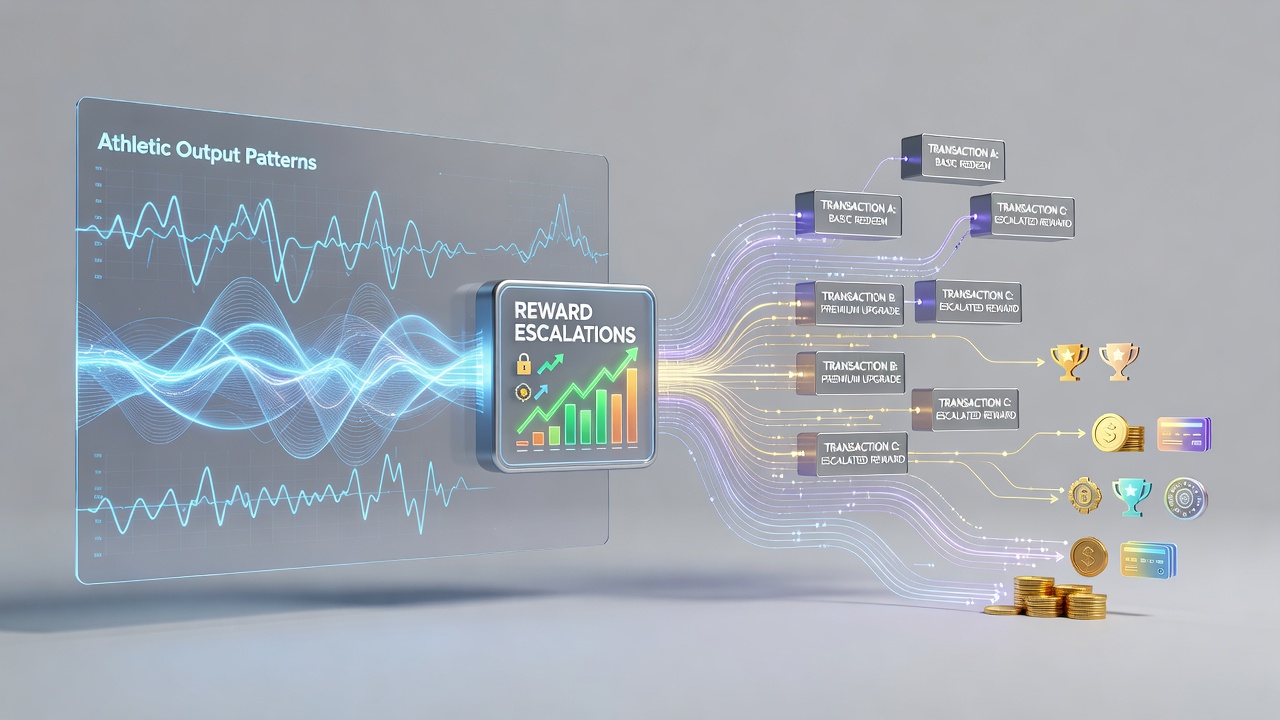 Mobile interface showing athletic performance metrics connected to reward escalation paths through digital wallet selections