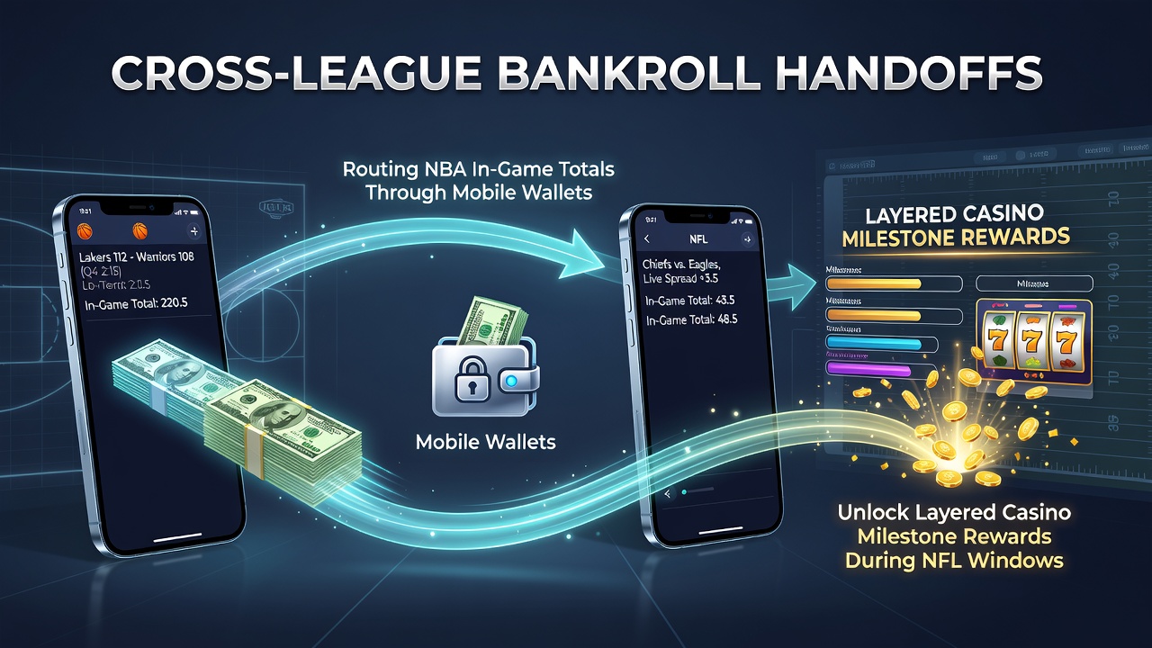 Mobile wallet interface routing NBA in-game totals to casino milestone rewards during overlapping NFL windows