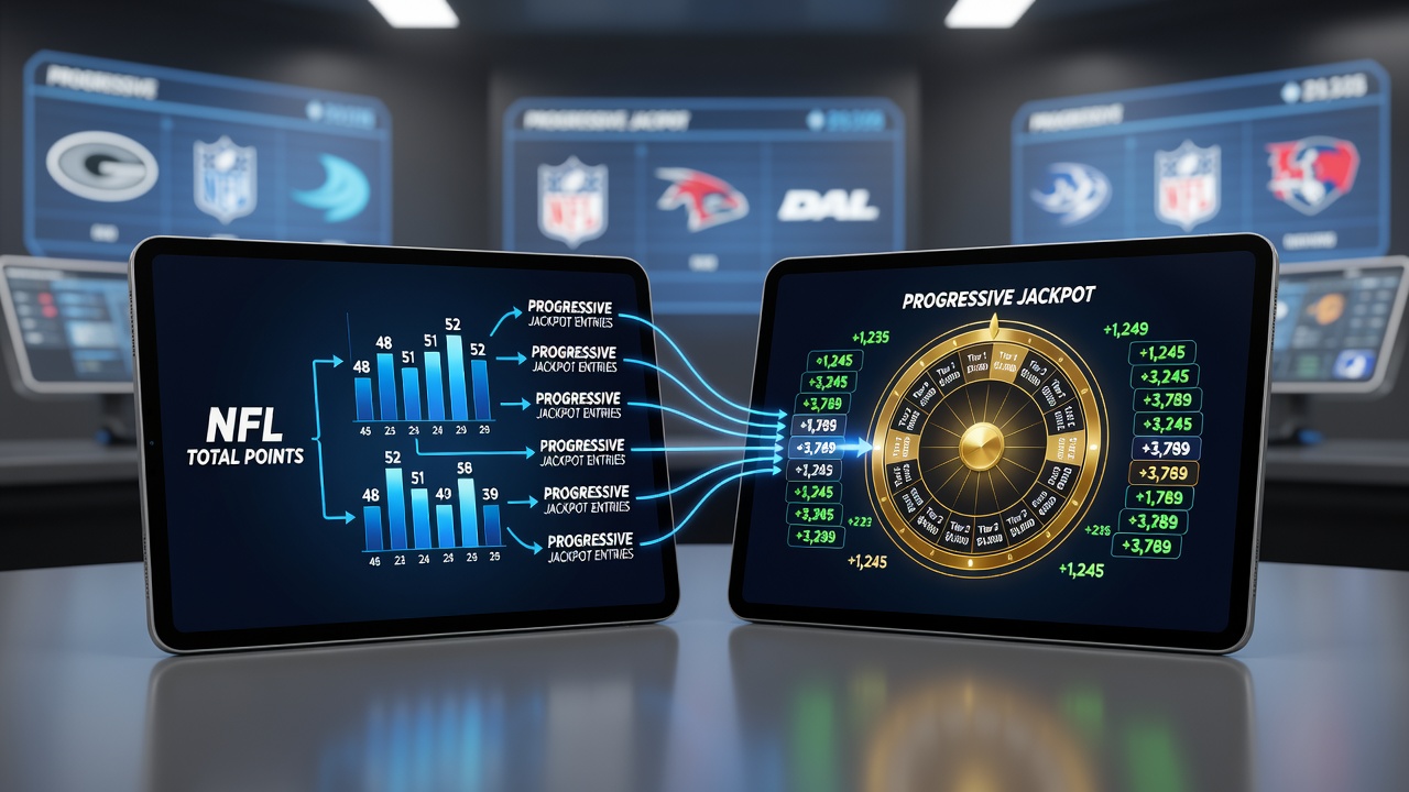 Handheld screen displaying progressive jackpot meter rising after NFL totals settlement