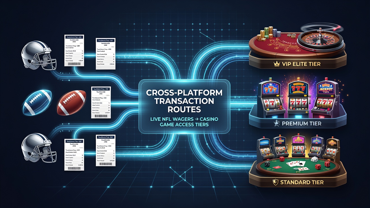 Diagram of digital wallet flows from NFL in-play bets to casino reward tiers