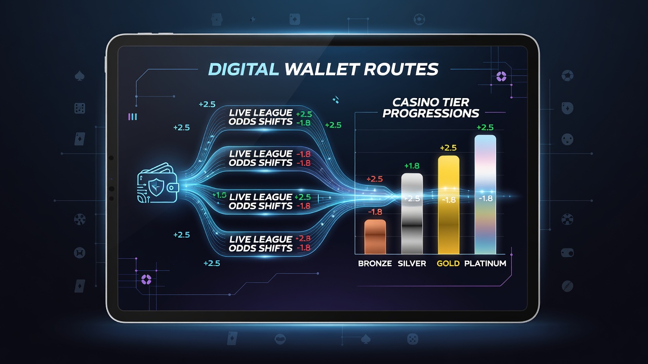 Flow diagram of mobile wallet routing live NFL odds winnings into casino tier progression