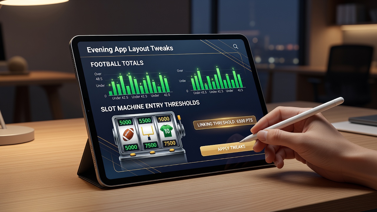 Close-up view of portable screen interface displaying football totals mapped to slot machine entry requirements during evening hours