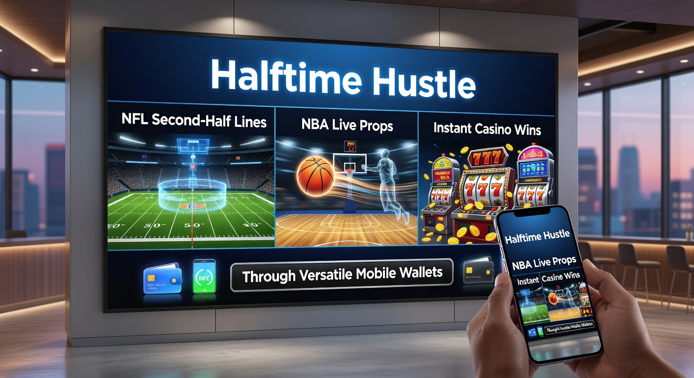 Mobile device displaying NFL second-half betting lines alongside NBA live props and casino game interfaces, highlighting seamless wallet integration