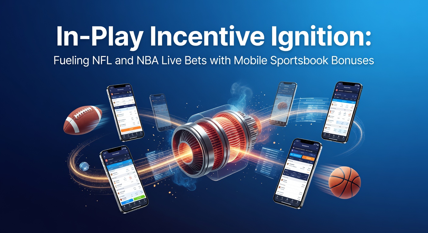 Mobile phone screen displaying live NFL in-play betting odds with overlaid bonus promotions from a sportsbook app