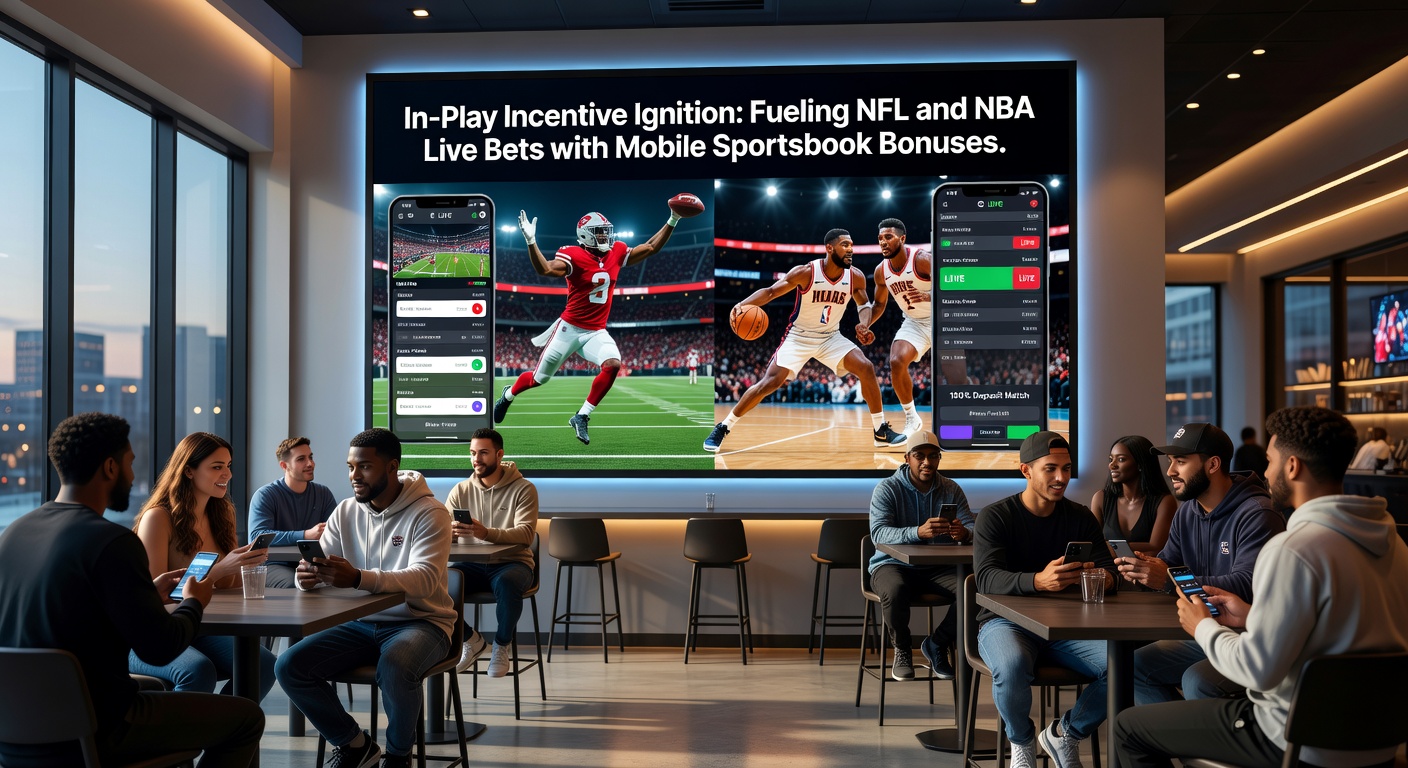 Dynamic graphic of NBA live betting interface on a tablet, highlighting active bonus multipliers and NFL halftime promotions