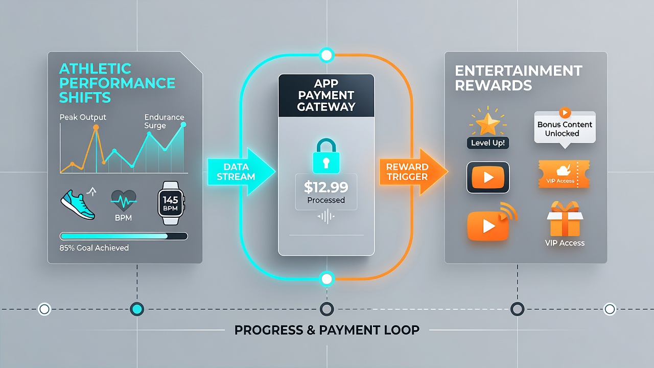 Diagram of mobile payment flows linking athletic data updates to casino reward activations