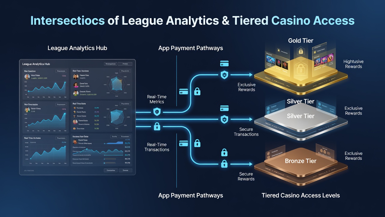 Analytics dashboard showing payment flows linking sports performance data to casino reward tier advancements on a mobile device