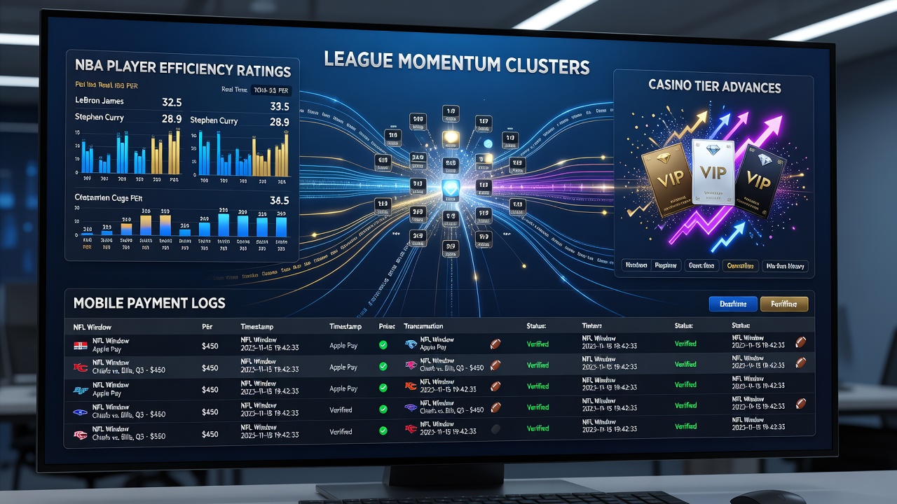 NBA player efficiency data visualized alongside mobile transaction flows during football season overlaps