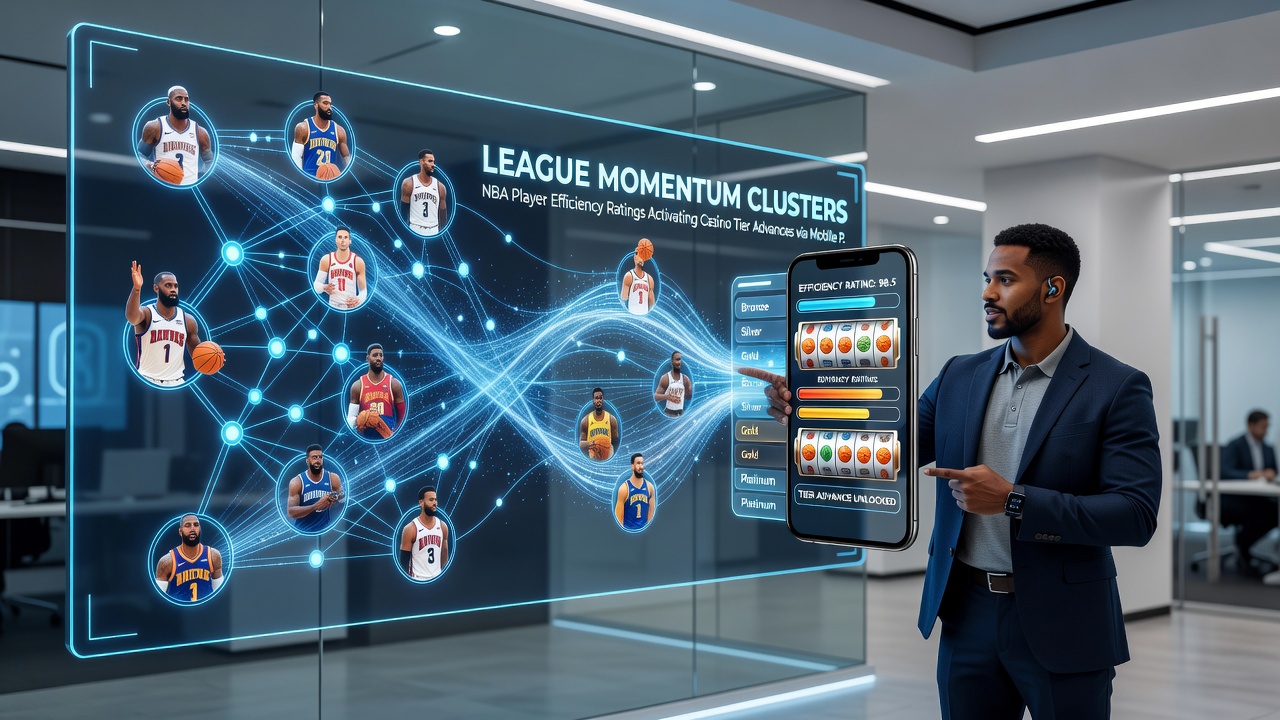 Mobile app interface displaying NBA stats clusters connected to casino reward progression during NFL live periods
