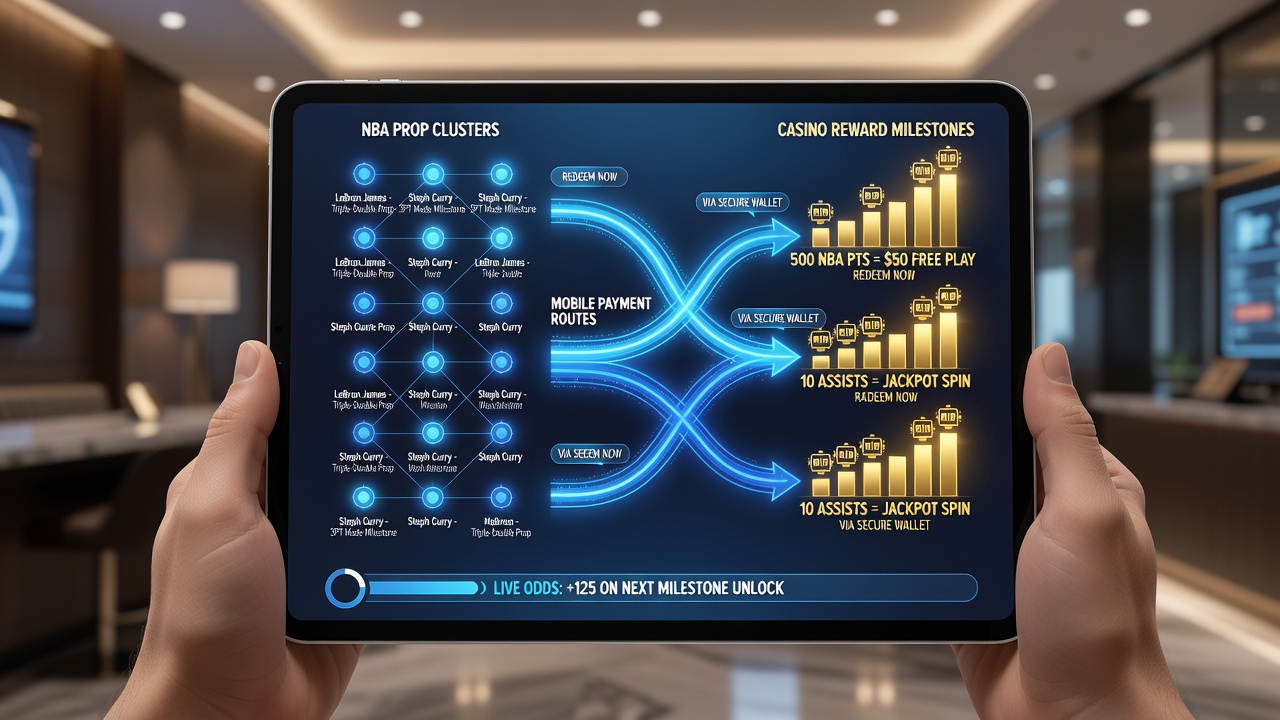 Diagram of digital wallet flows connecting NBA prop clusters to casino reward tiers on portable platforms