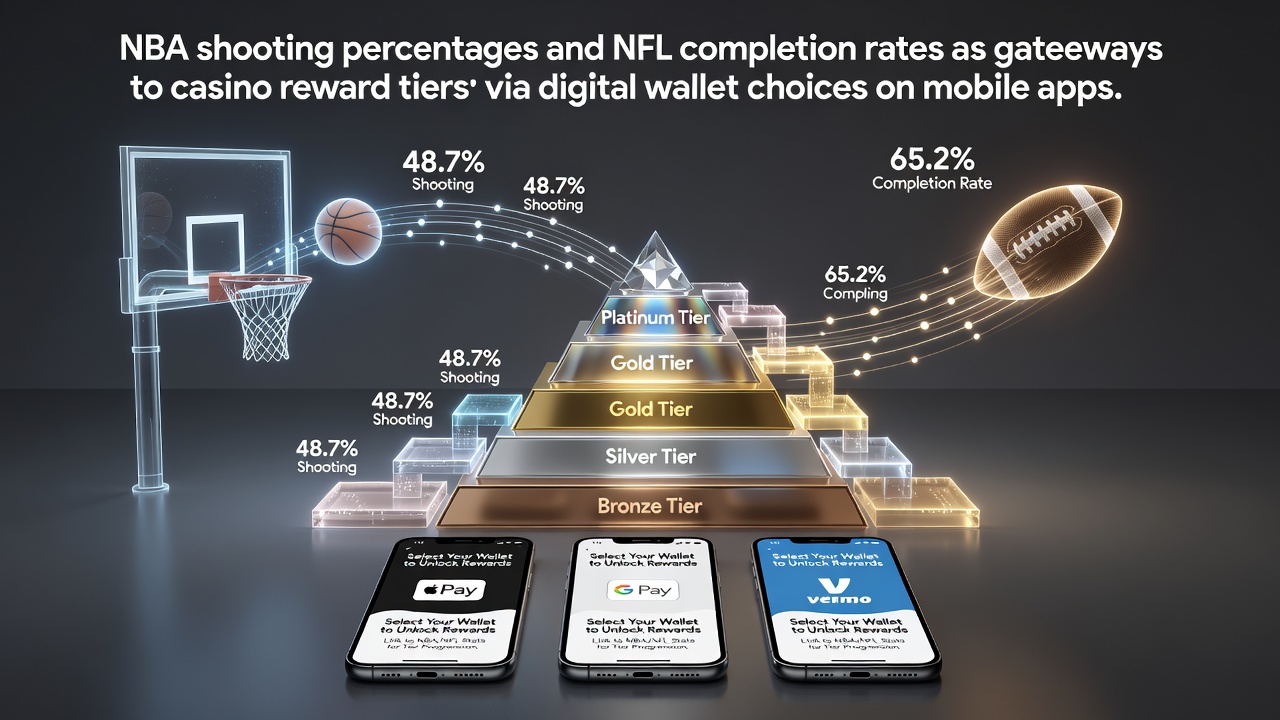 Mobile app interface showing NBA shooting stats linked to casino reward progress via digital wallet selection