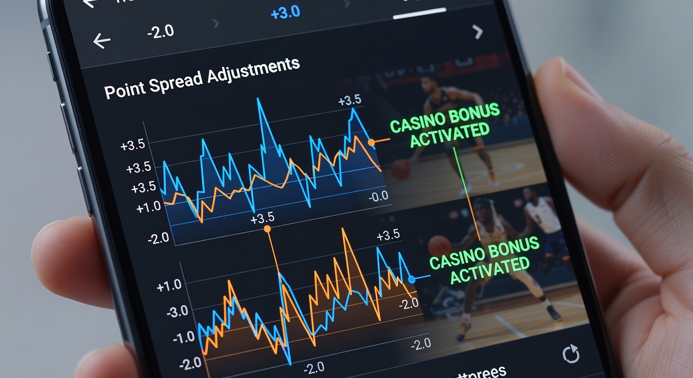 Mobile interface showing real-time basketball point spread adjustments and bonus activation notifications during live events