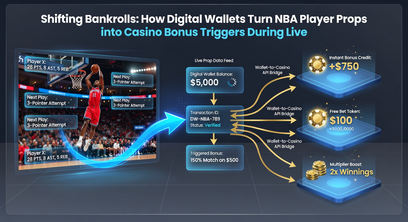 Mobile screen displaying NBA prop settlement feeding into NFL live bet and casino bonus unlock via digital wallet