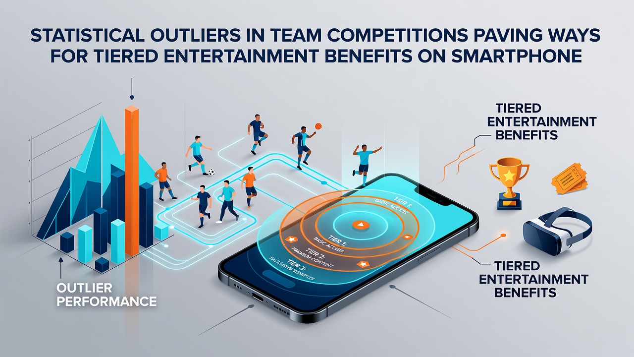 Mobile smartphone screen displaying tiered entertainment benefits triggered by team competition statistical outliers
