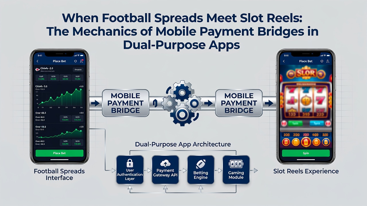 Diagram of mobile payment bridge architecture connecting sports betting ledger to casino slot reels with API flow arrows